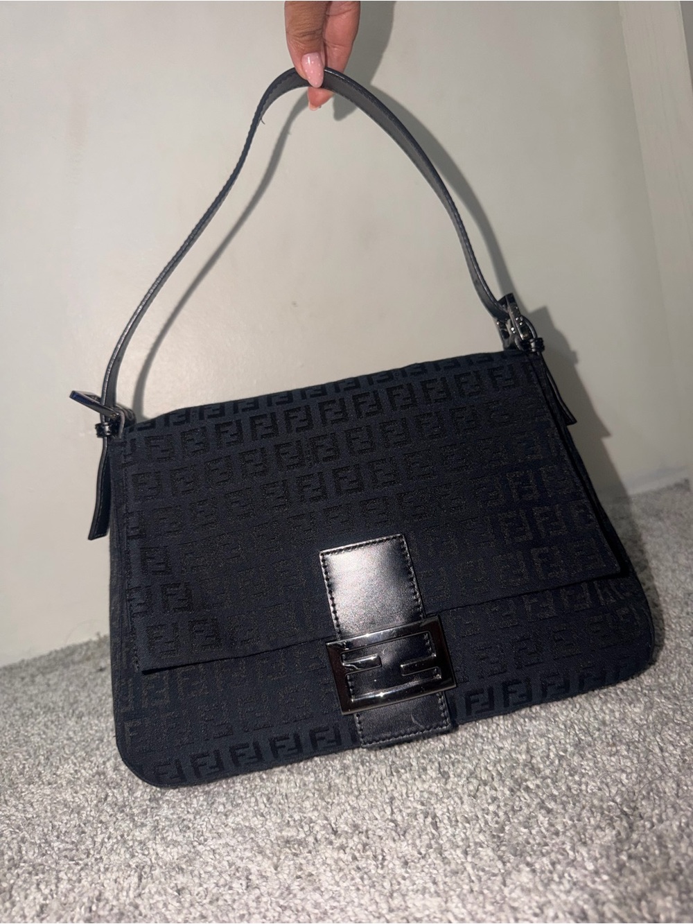 Fendi Mam Baguette Black FF Jacquard Shoulder Bag with Silver Buckle